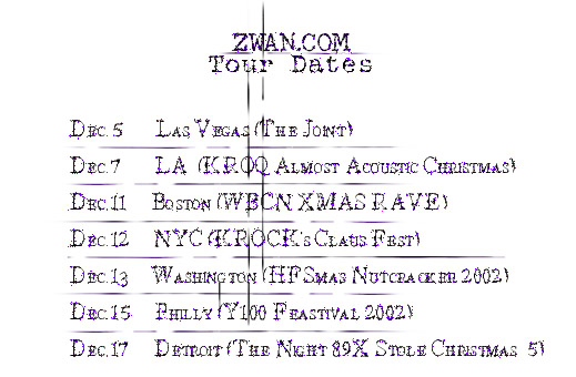 Zwan tour dates graphic from zwanmusic.com