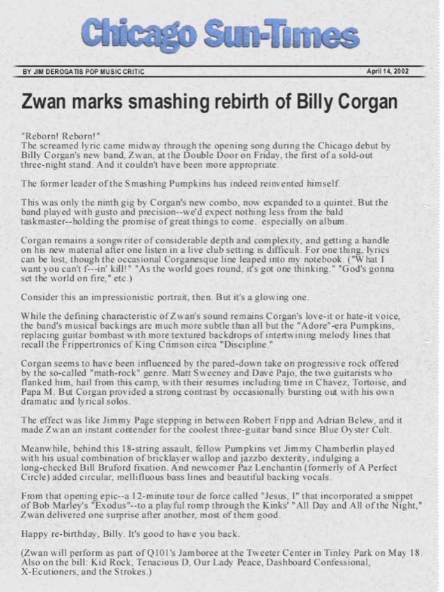 Chicago Sun-Times review of Zwan, April 14 2002